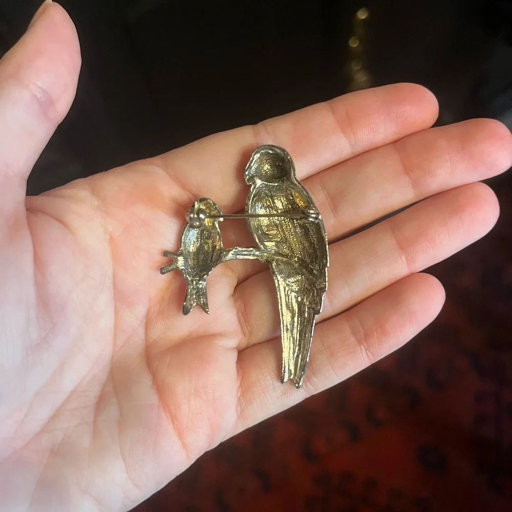 Vintage Silver and Gold Tone Parrots sitting Brooch